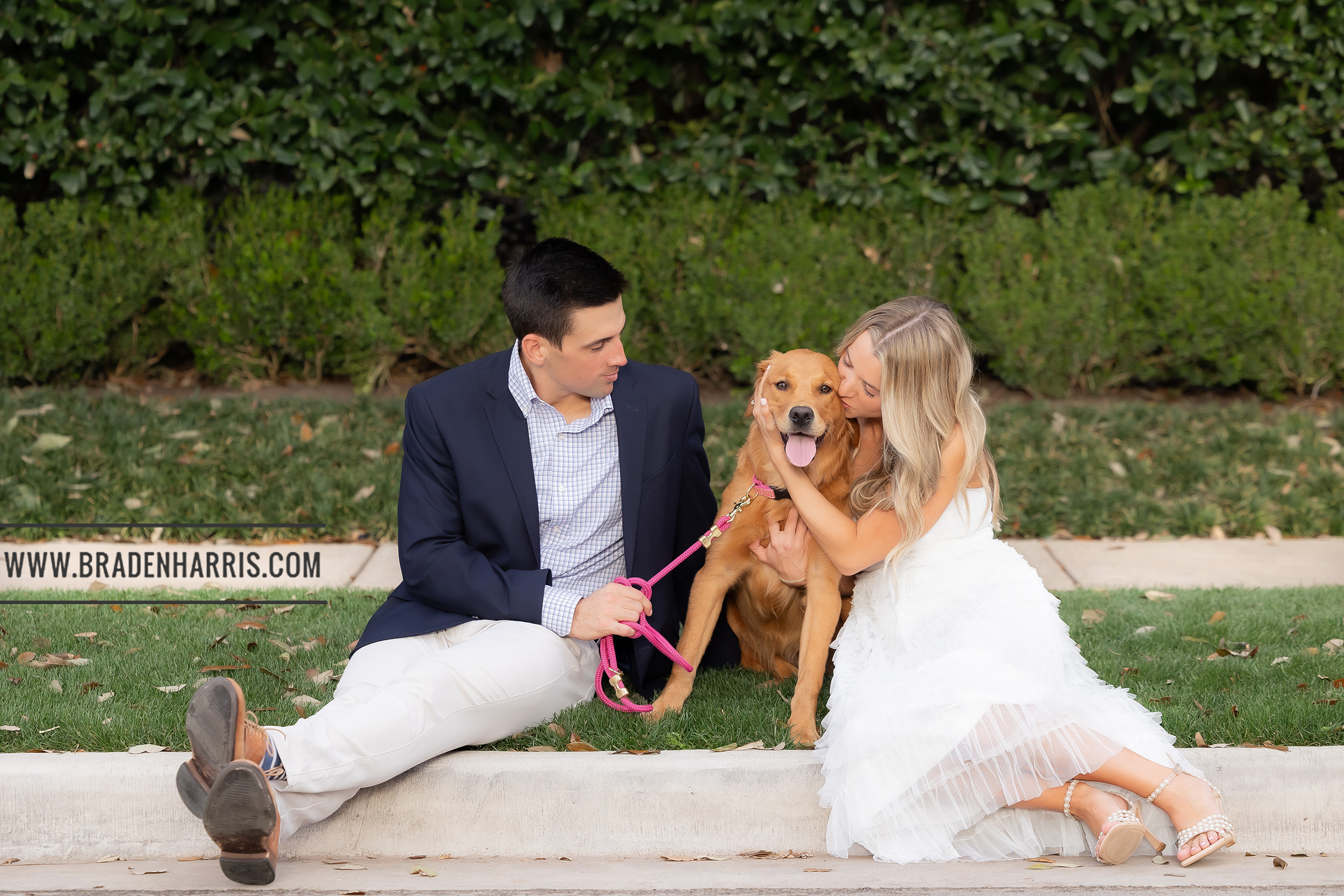 Bride and groom give puppy kisses at the end of their engagement session at Lakeside Park in Highland Park