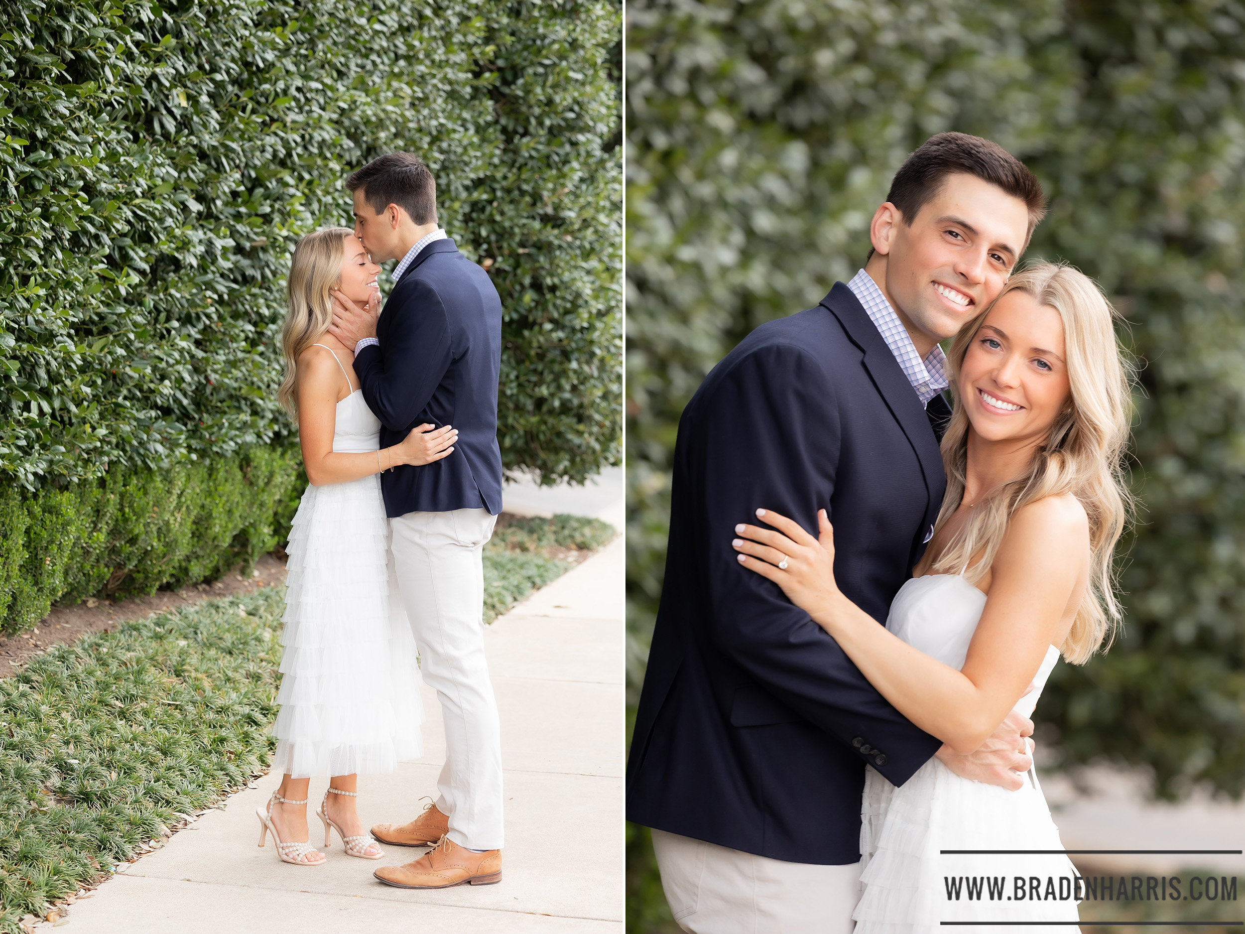 Classic engagement portrait of bride and groom smiling at the camera