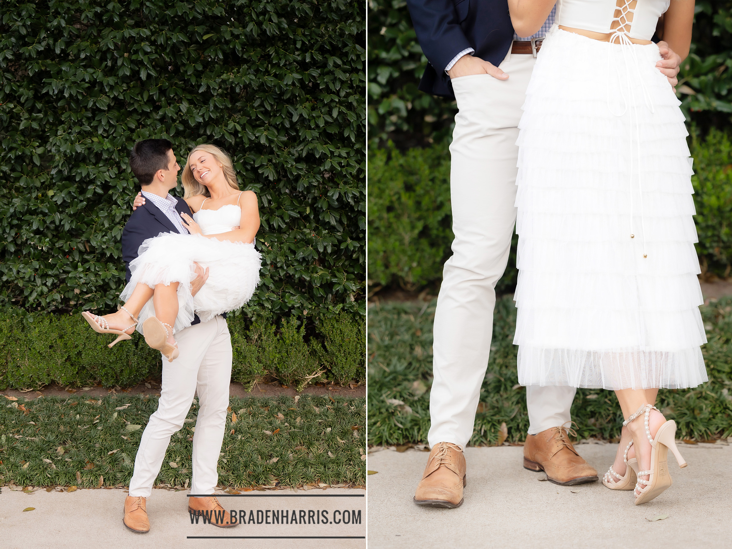Engaged couple spins around greenery in Dallas by the lake