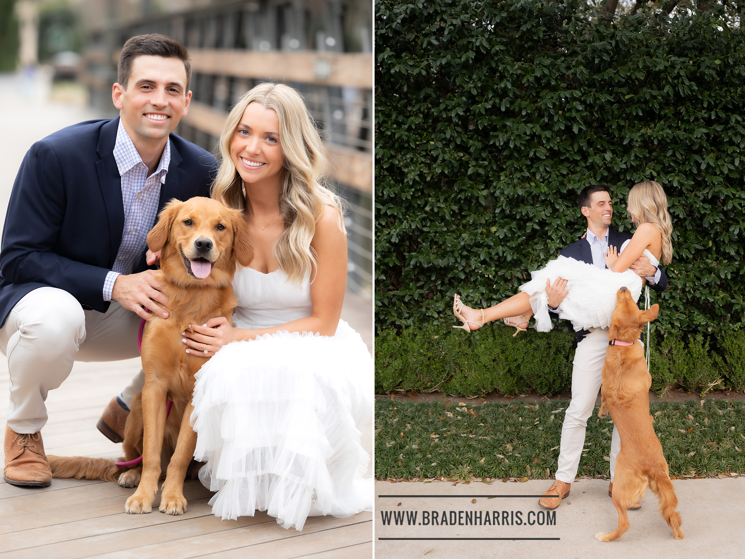 Emily and Brooks laugh as their golden retriever, Lucy, excitedly jumps up, wagging her tail and looking at the camera